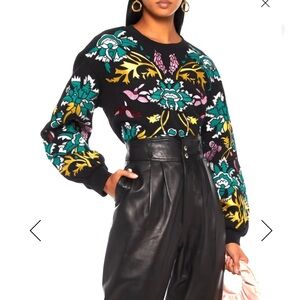 Alice + Olivia sz S Gaia Sweatshirt Puff Sleeves Floral Embroidered Sweater Crew